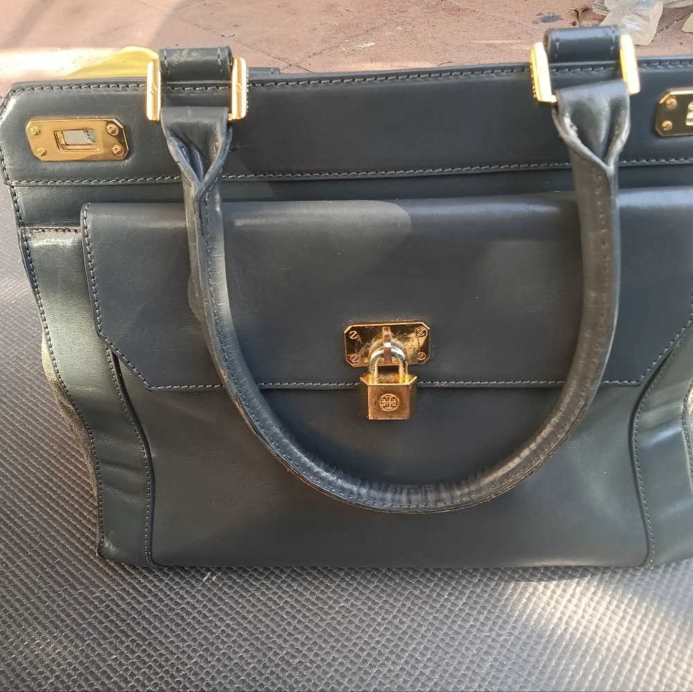 Tory Burch Dark Gray Genuine Leather Top Handle Frame Hinge Top Satchel Bag - Picture 10 of 13